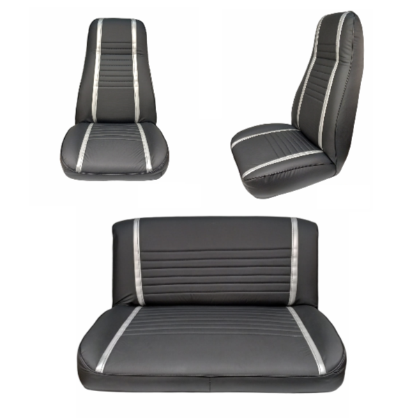 Front & Rear Seat Black With Gray Stripes for Jeep CJ5 CJ7 CJ8 & Wrangler YJ 1972-1995 20005.01LKIT